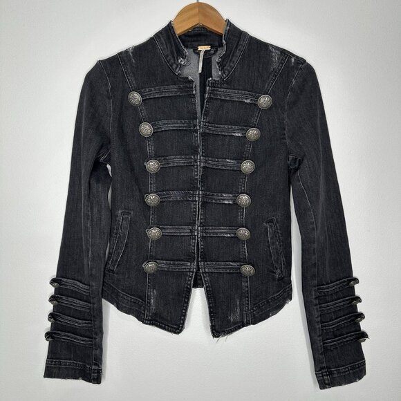 FREE PEOPLE Black Denim Jacket XS Military Distressed Fitted Boho - Picture 2 of 15